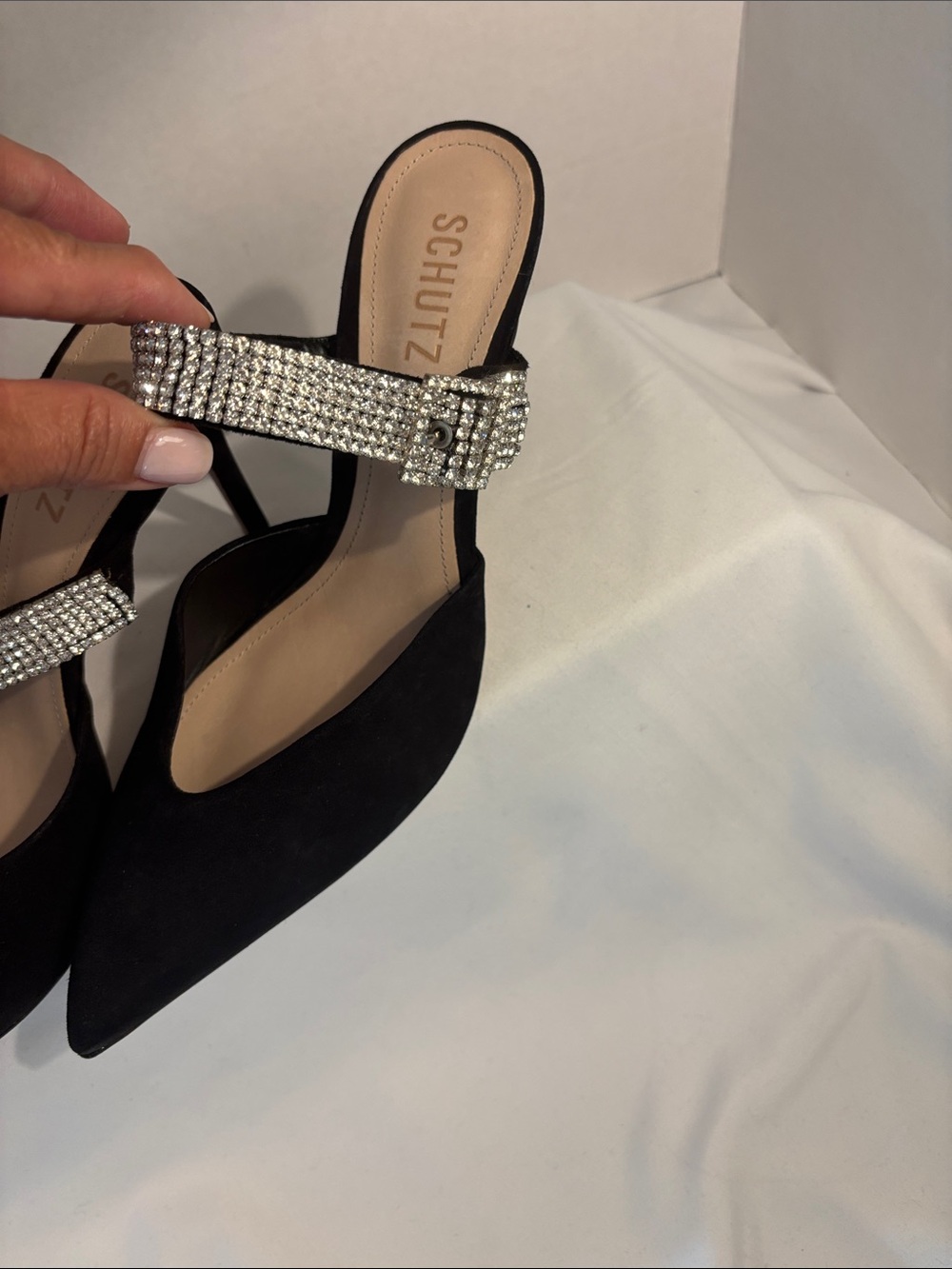 Schutz Tishara Black rhinestone buckle pointed toe mule heels. Size 9B - Picture 2 of 9